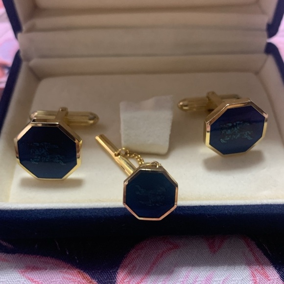 Burberry authentic cufflinks necktie pin blue gold plated octagon - Picture 12 of 12